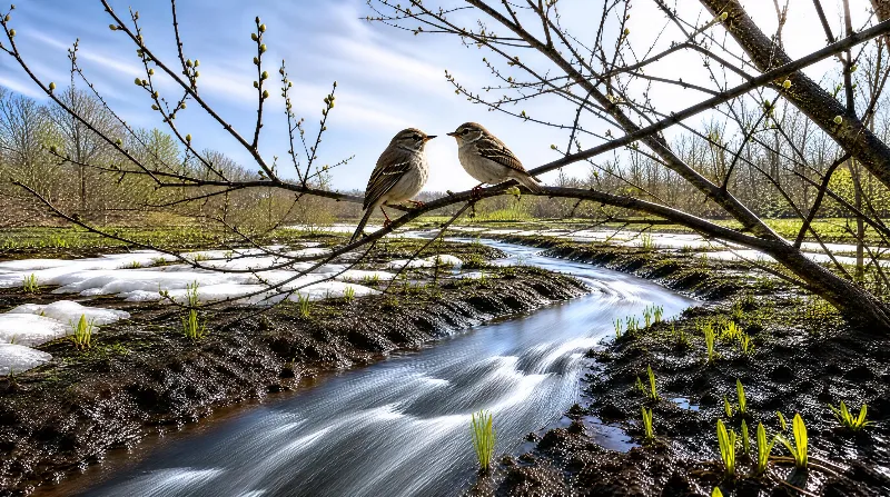Two small brown and white sparrows perch on a bare tree branch near a winding stream with patches of melting snow and fresh green sprouts in an early spring landscape