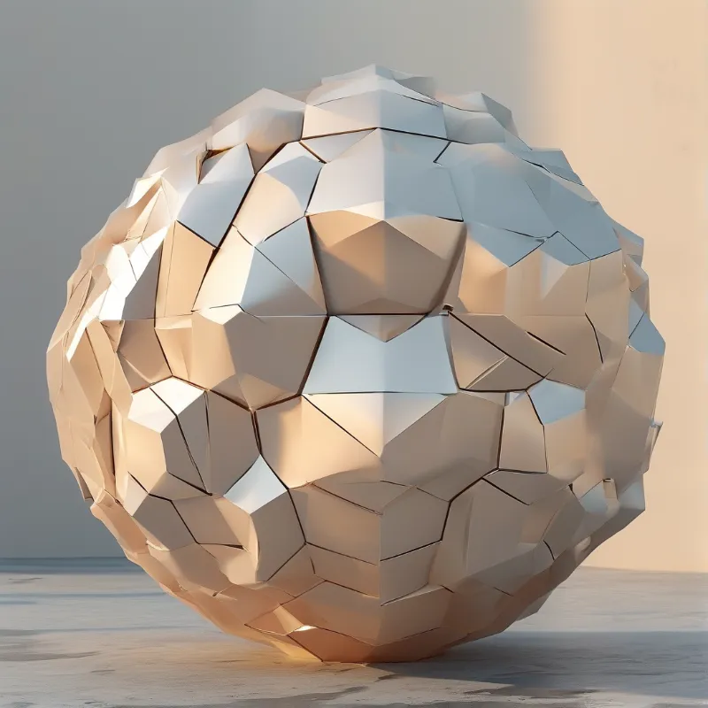 A large low-poly sphere sits on a smooth floor with warm lighting reflecting off its irregular geometric facets.