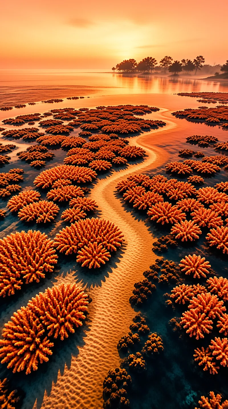 Vivid orange branching formations border a rippled sandy channel under a glowing peach sky
