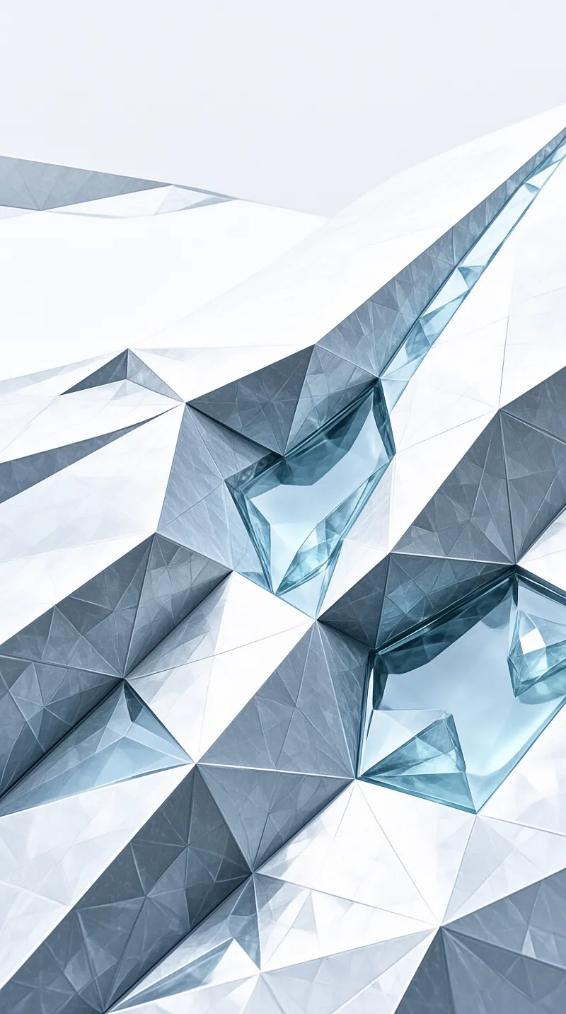A detailed view of sharp white and blue geometric shapes resembling cut crystal catching soft illumination.