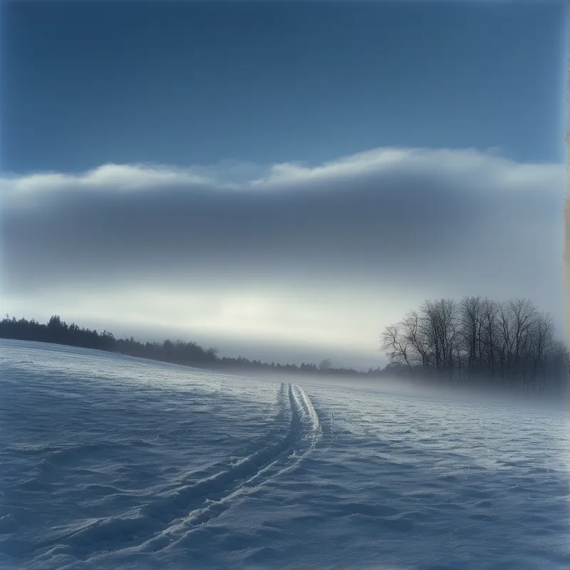 A pair of ski tracks winds through a vast expanse of blue snow towards a foggy horizon with bare trees.