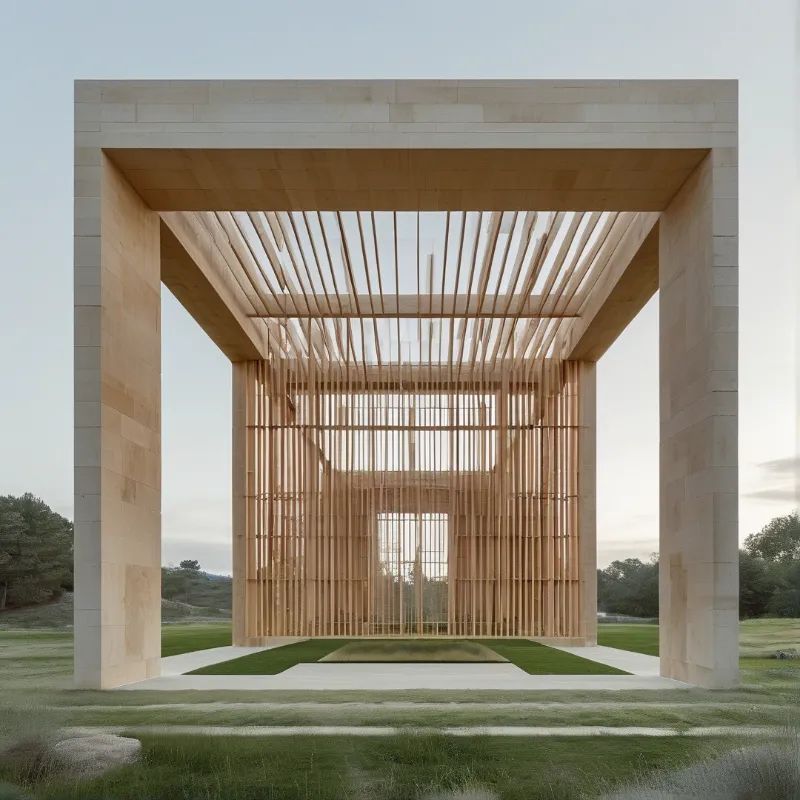 A massive stone portal frames an interior structure of vertical wooden beams standing in a green field.