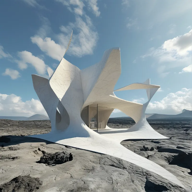 A large white organic building stands amidst grey rocky terrain beneath a blue sky with scattered clouds.