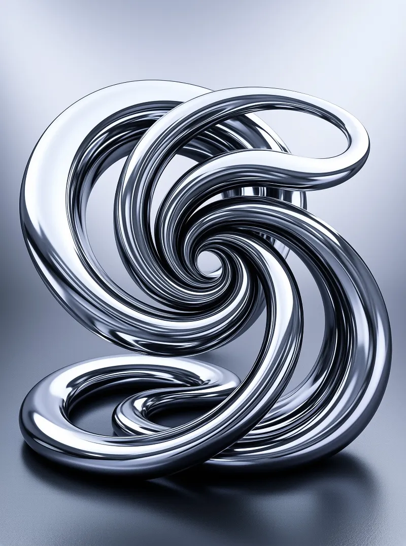 A polished metallic sculpture forms a swirling vortex shape on a neutral grey surface with soft shadows.