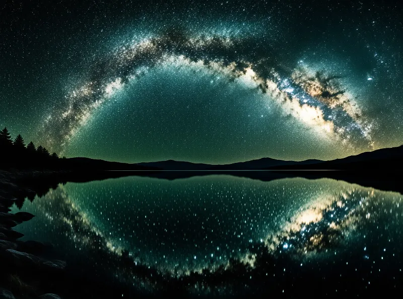A vast arc of the Milky Way glows across the dark night sky, its starry light mirrored perfectly in the still calm mountain lake below.