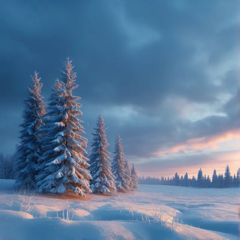 Snow-covered spruce trees stand in a quiet field beneath a dramatic blue winter sunset.
