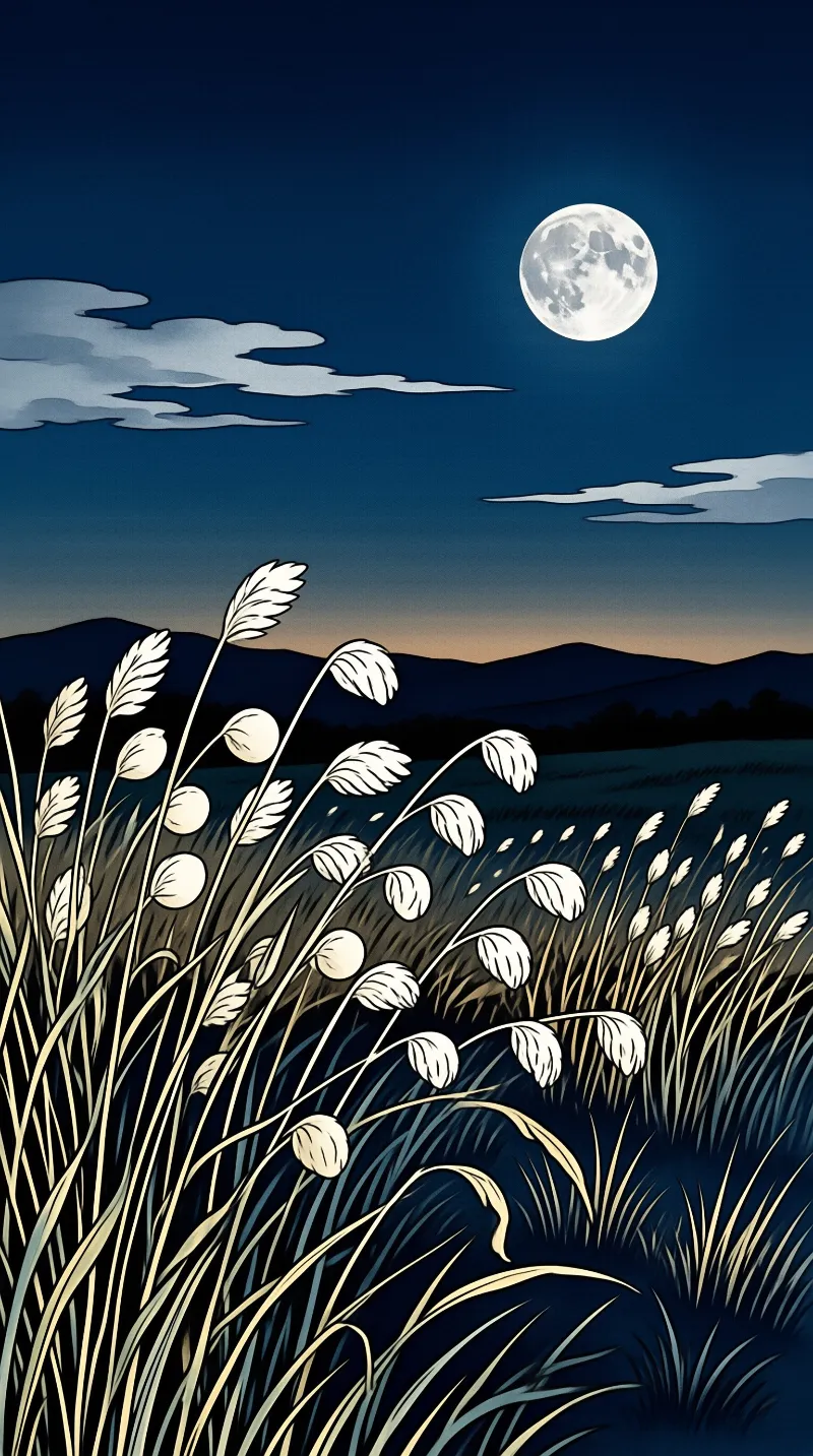 Stylized white wheat stalks sway beneath a bright full moon in a dark blue night sky with distant hills.