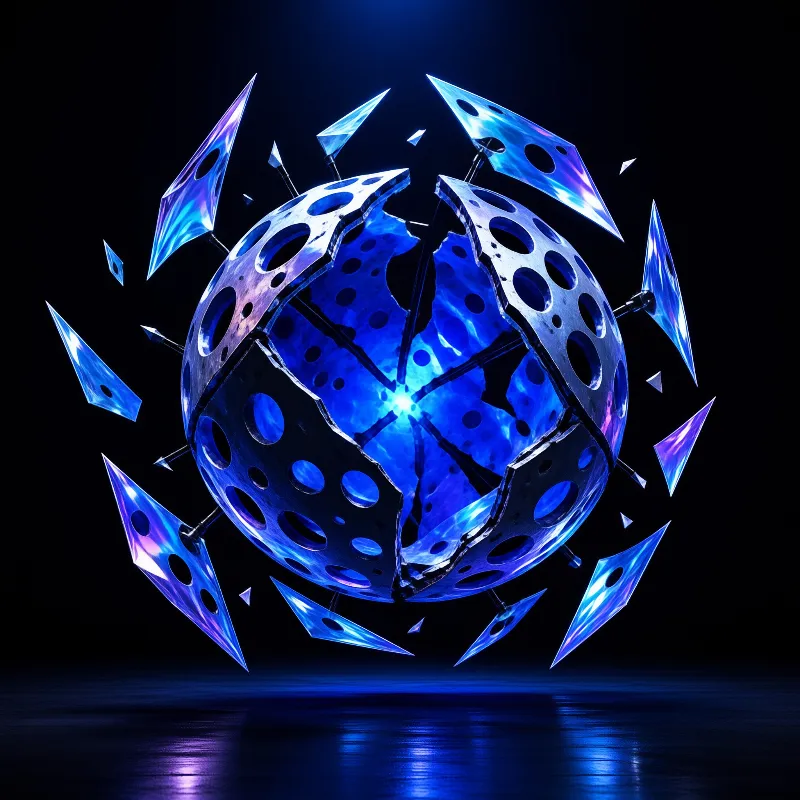 A fractured blue metallic sphere floats in a dark void, revealing a bright glowing core surrounded by sharp protruding spikes and reflective holes.