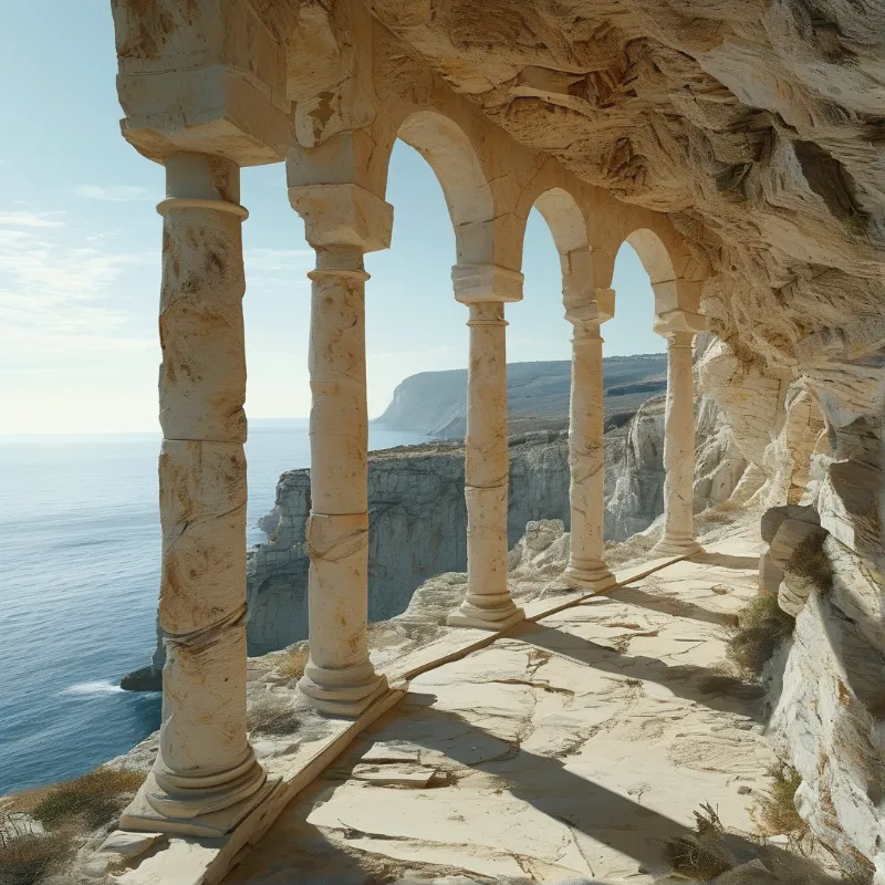 Weathered sandstone columns and arches cut into a cliff face overlook a calm blue sea and white coastal headlands.