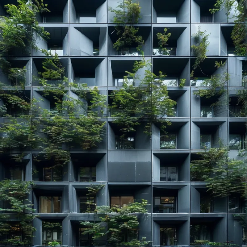 Recessed dark balconies hold tufts of bright green foliage that spill across the repeating concrete bays.