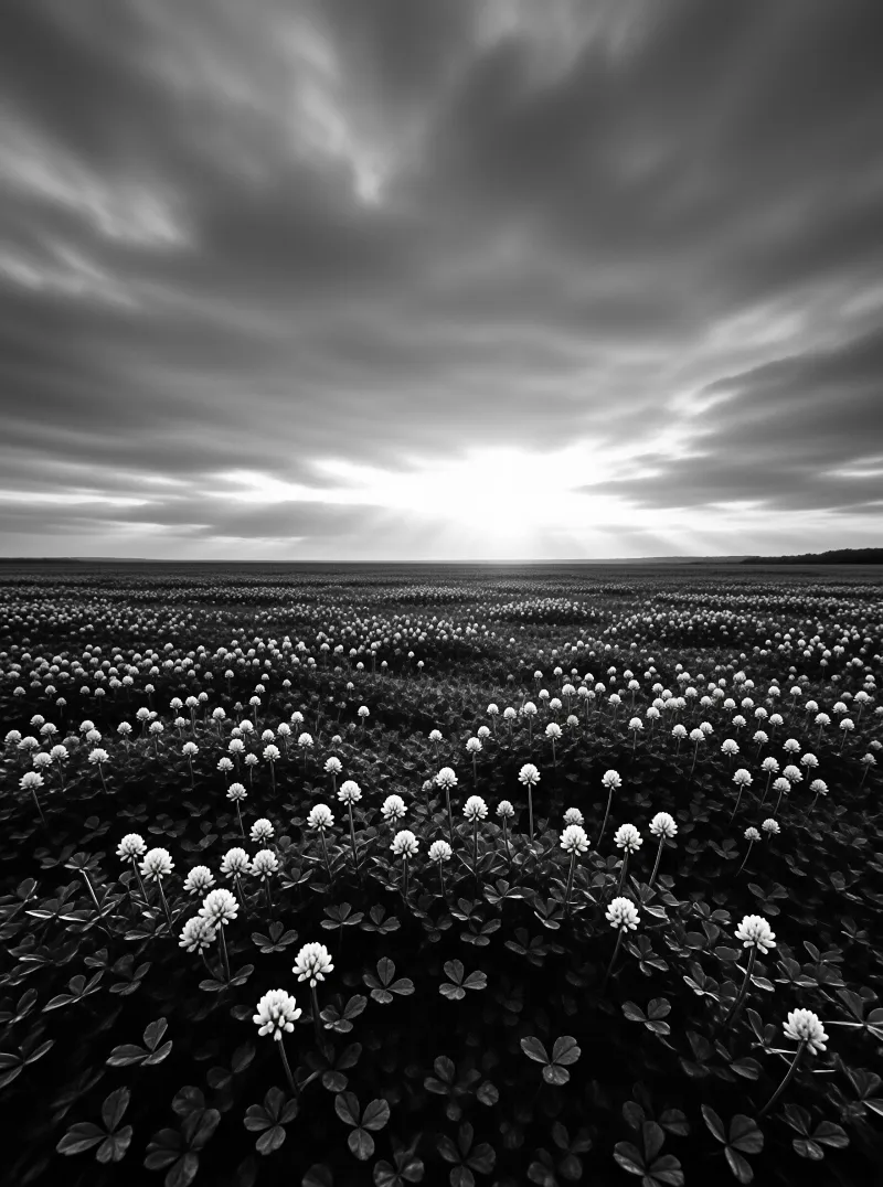 A field of white clover blooms stretches toward the horizon where sunlight breaks through heavy clouds.