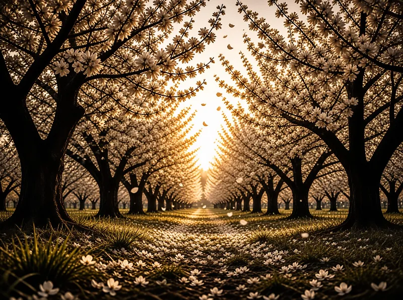 Blooming trees with white blossoms create a symmetrical corridor along a grassy path, illuminated by a warm golden glow from the horizon where falling petals drift through the air and settle on the ground.