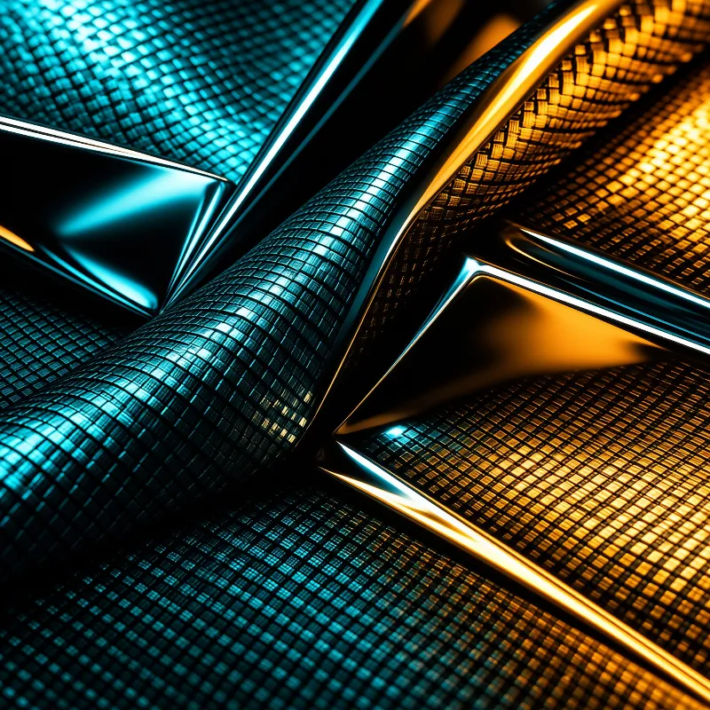 Glossy black structural elements curve over a textured grid surface bathed in contrasting cyan and warm amber lighting.