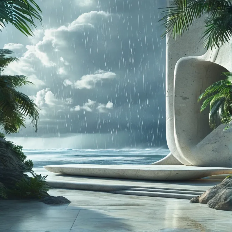 A minimalist white sculpture stands on a wet concrete platform overlooking a stormy ocean under heavy rain.