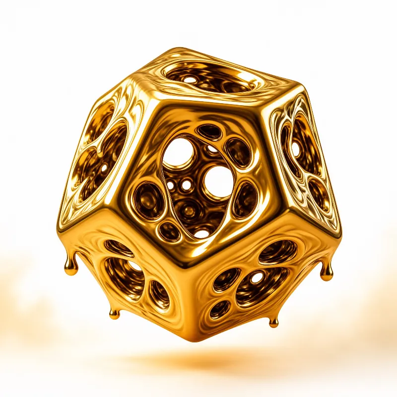 A shiny gold cube resembling a melting die floats above a white surface with drips forming at its corners.