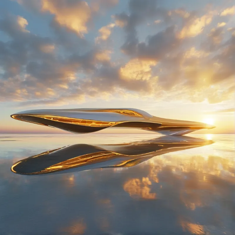 A streamlined metallic craft hovers just above a mirror-like surface reflecting the warm hues of a sunrise sky.