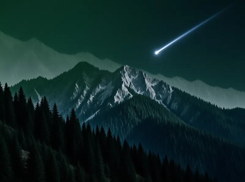 A bright meteor leaves a long trail across the dark teal sky above jagged snowy mountains and a dense forest of evergreen trees.