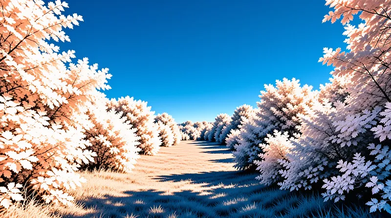 A long dirt path stretches into the distance flanked by dense bushes with bright white leaves against a vivid blue sky with sunlight casting shadows on the grassy ground.