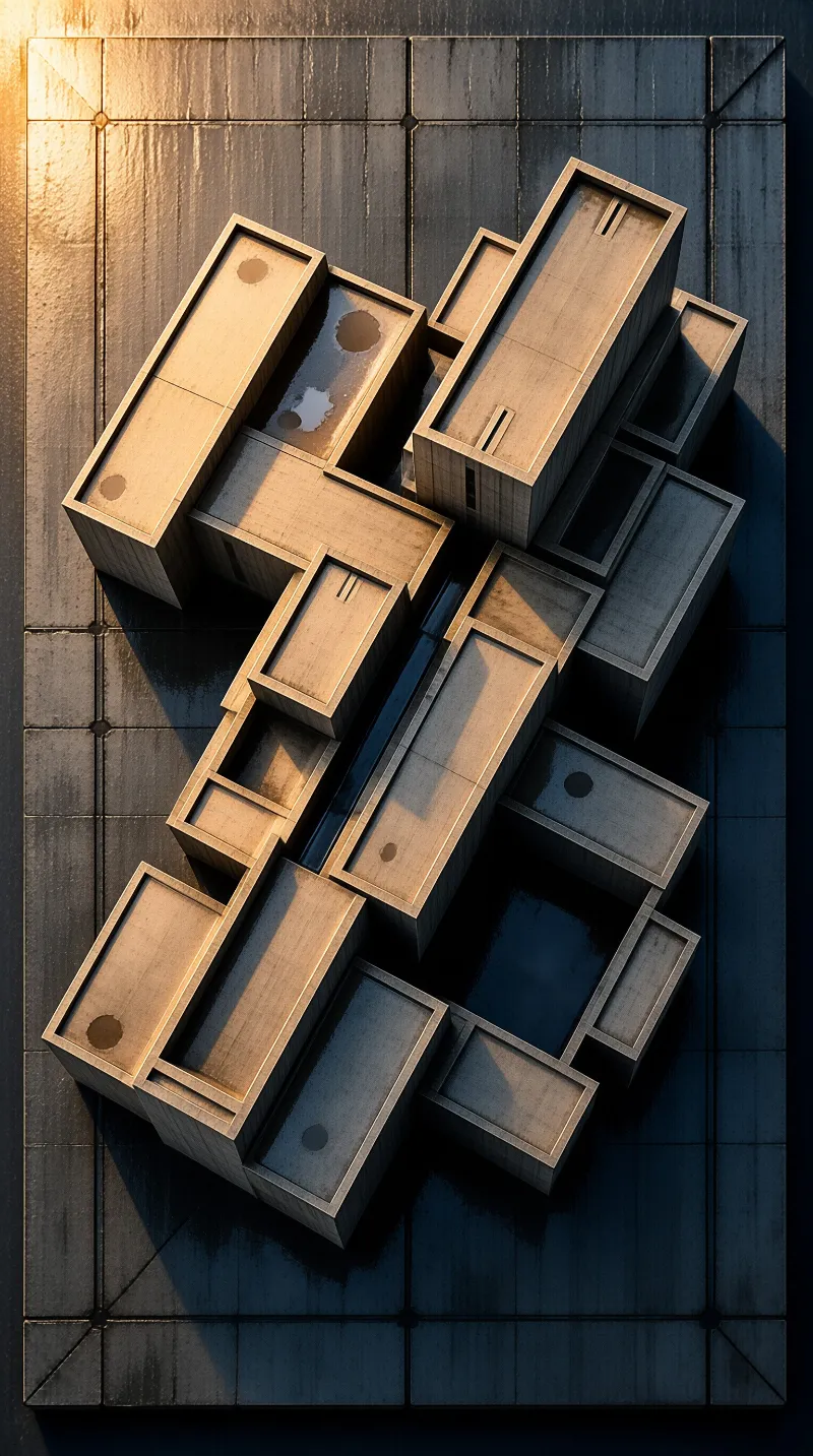 Scattered angular concrete forms sit on a dark gridded tile surface, lit by warm low sun that casts sharp long shadows.