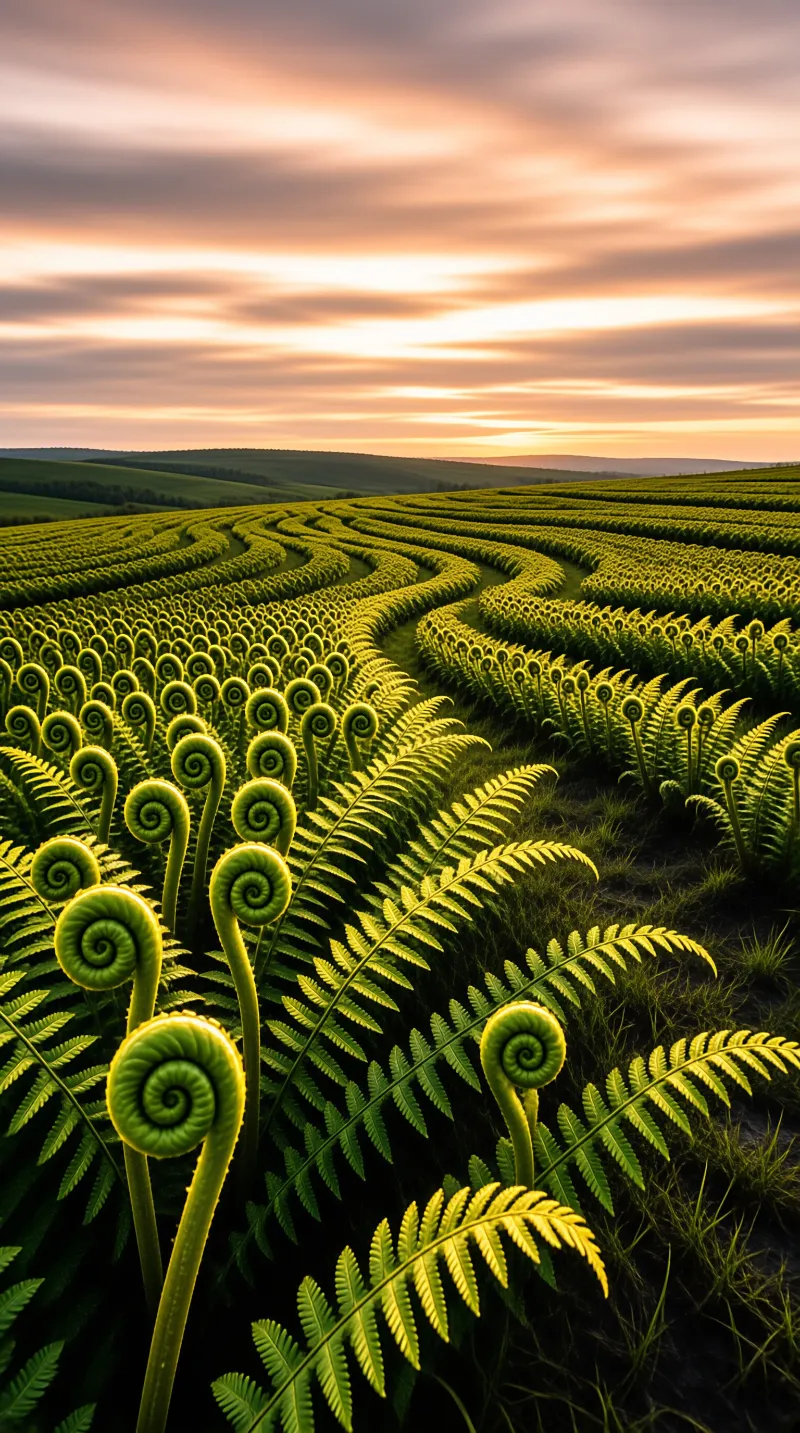 Rows of young fern fronds with curled tips stretch across a green hillside under a warm orange sunset sky.