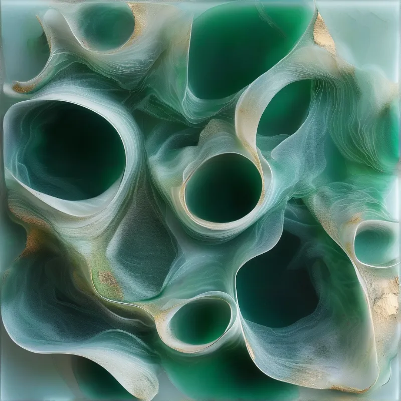 Swirling teal forms create deep dark circular openings surrounded by pale creamy ridges with subtle golden accents.