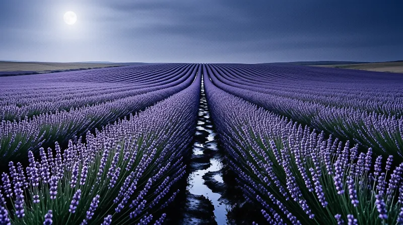 Purple lavender rows flank a reflective water channel under a moonlit blue sky.