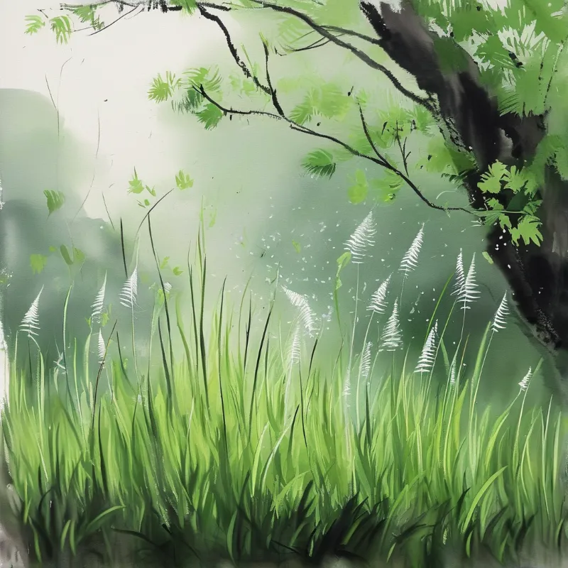 A watercolor painting of tall green grasses and white feathery ferns growing under dark tree branches in hazy soft green sunlight