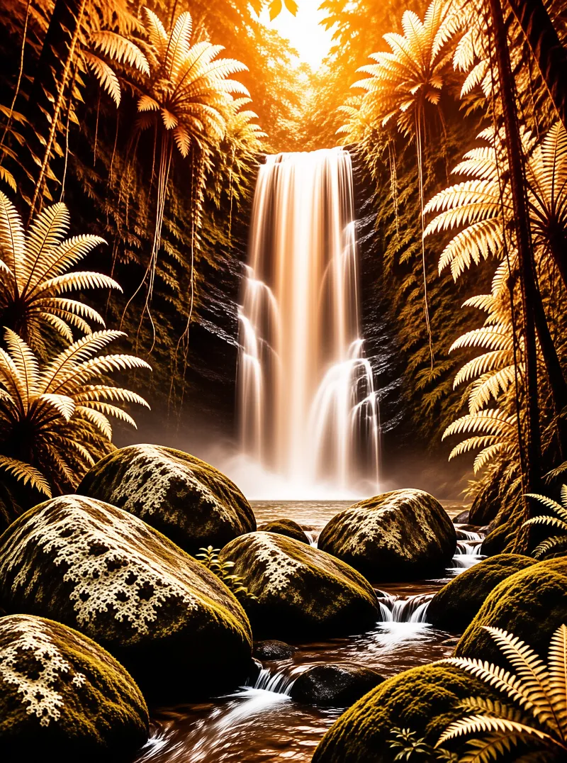 Sunlight pours through a tropical gorge where a tall cascade falls behind moss covered boulders among glowing fern fronds.