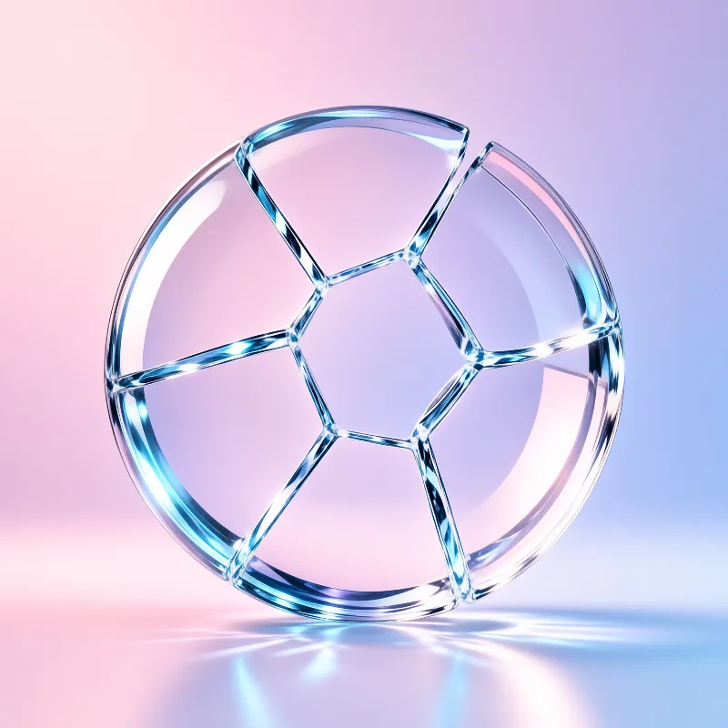 A clear faceted sphere resembling a soccer ball rests on a reflective surface under soft pink and purple lighting.