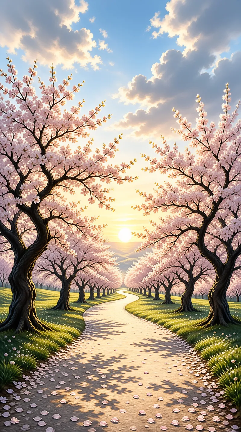 A winding dirt path is lined by blooming cherry trees under a bright sky with scattered clouds and golden sunlight.