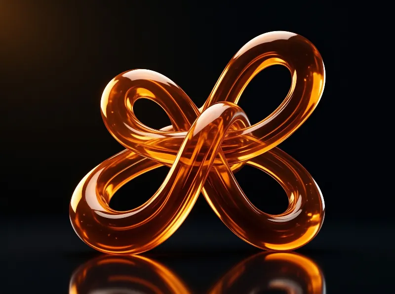 A glossy amber knot sculpture sits on a black reflective floor, showing smooth glass-like surfaces and bright highlights.