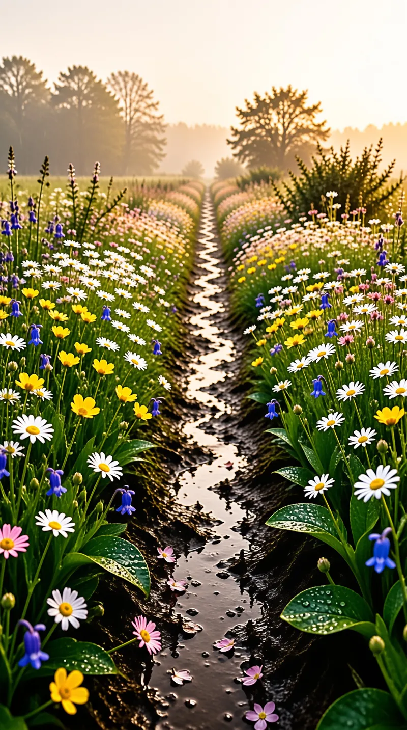 Vibrant wildflower rows line a dark reflective waterway leading toward foggy trees under soft golden sun.