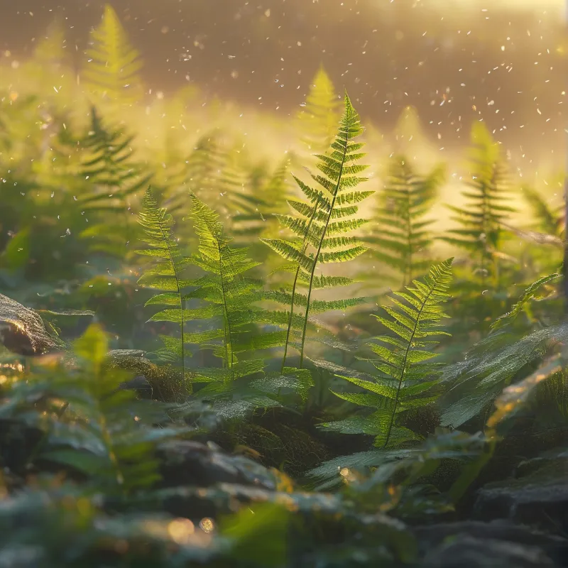 Golden Sunlit Forest Ferns