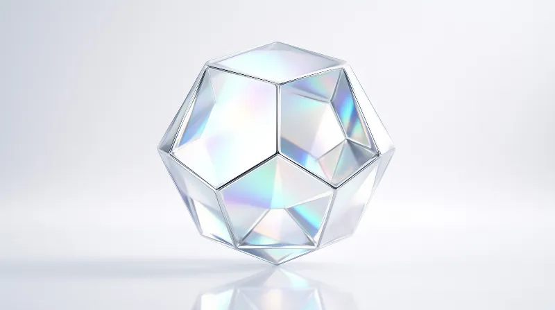 A translucent geometric shape floats above a reflective surface, showing internal rainbow refractions under soft lighting.