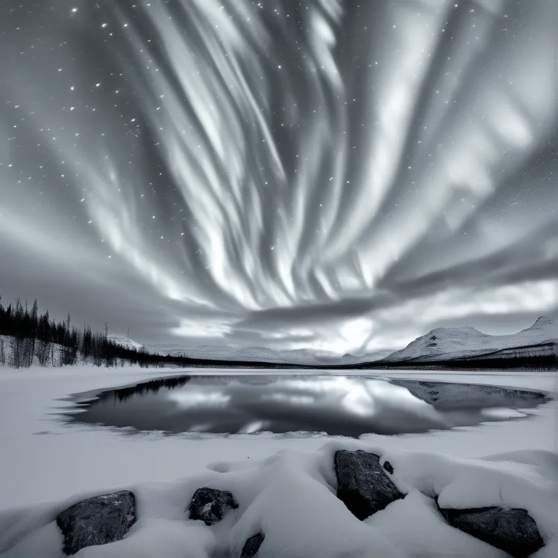 Intense white beams radiate downward over a wintry mountain range and mirror-like surface.