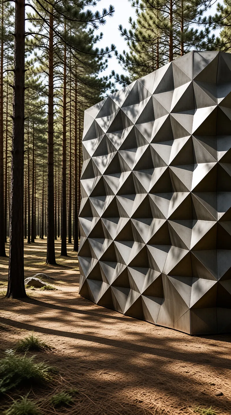 A faceted metal sculpture stands in a pine forest, casting shadows on the ground as sunlight filters through the trees.
