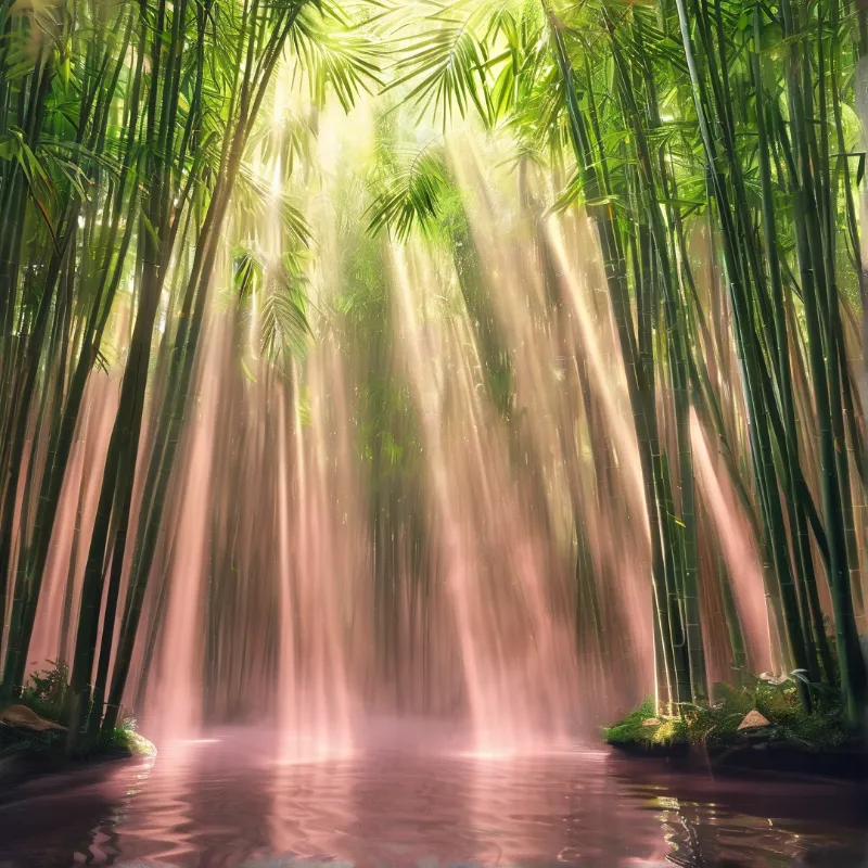 Tall bamboo stalks line a still pool as warm pink sunbeams filter down through dense bright green foliage above.