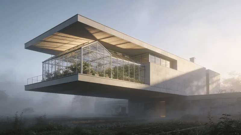Greenhouse with Floating Cantilever — Foggy Morning