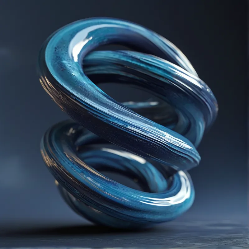 Glossy blue spiral ceramic coil sits on a dark reflective studio surface, with bright light catching its curved edges.