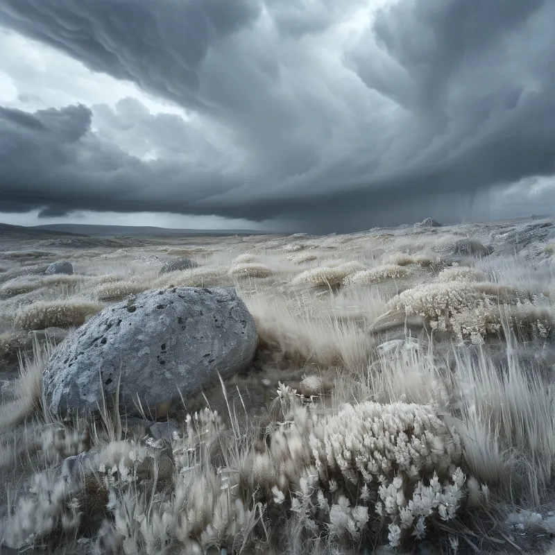 A dark rain heavy sky presses down on pale windswept grasses and a lichen covered boulder in open country.