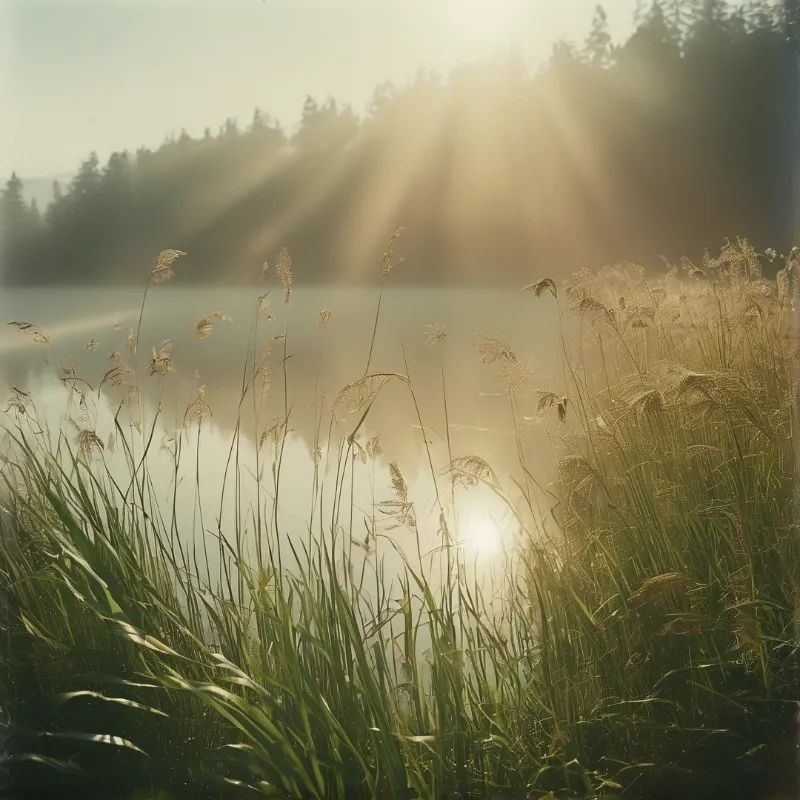 Tall wild grasses stand silhouetted against a foggy lake with sunlight streaming through the air from a distant forest