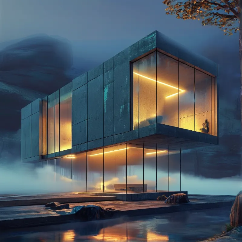 A boxy concrete glass cottage on a waterside platform glows with warm yellow light as mist drifts across the rocky shoreline.