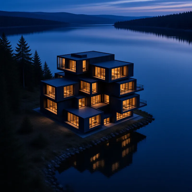 A multi-story building with glowing windows sits beside a calm lake surrounded by forests under a twilight sky.