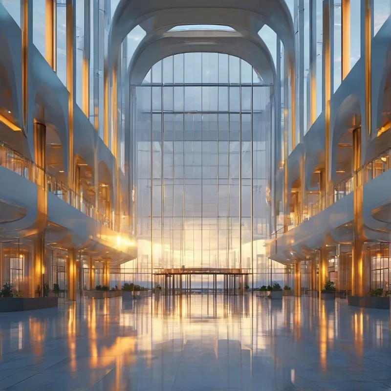 Repeating arches and warm gold piers rise beside a vast glass wall, their light pooling on a polished floor.