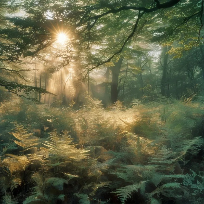 Sunlight streams through dense tree canopy casting golden rays across a lush fern-filled forest floor