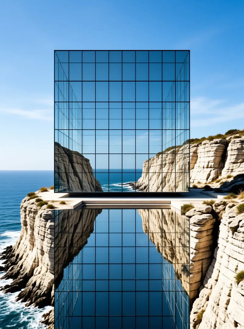 A transparent glass cube building reflects the blue sky and rocky coastal cliffs beneath bright sunlight.
