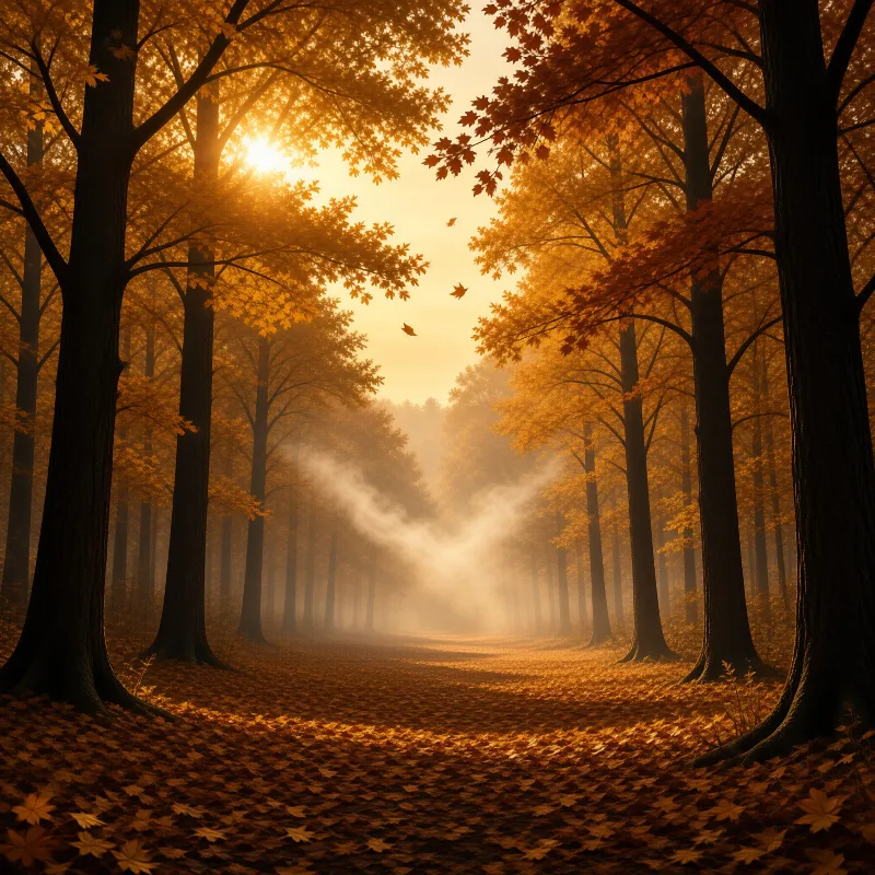 A sunlit forest path covered in orange leaves with mist rising between tall trees.