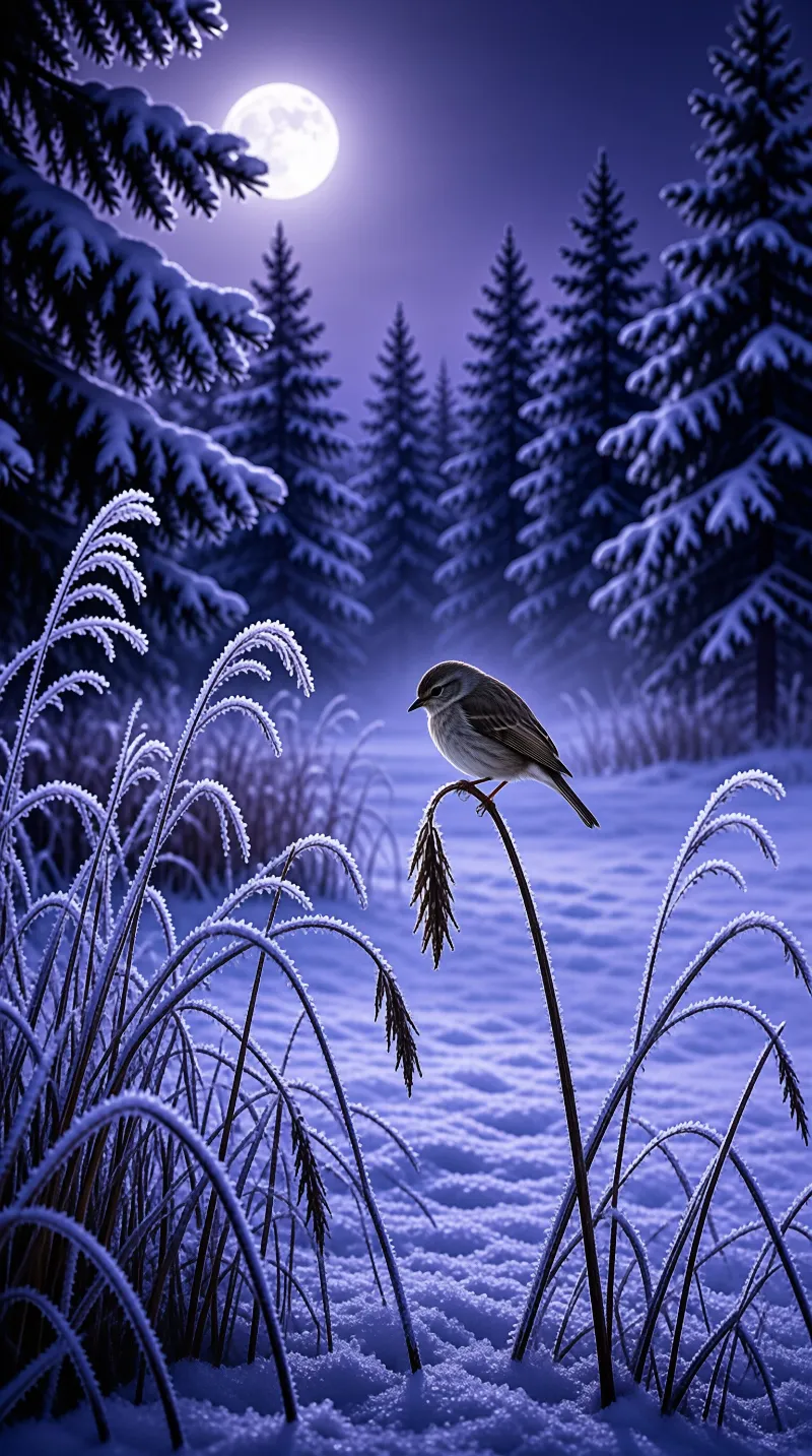 A small bird perches on a frost covered stem amid snowy pines beneath a bright full moon in a blue night scene