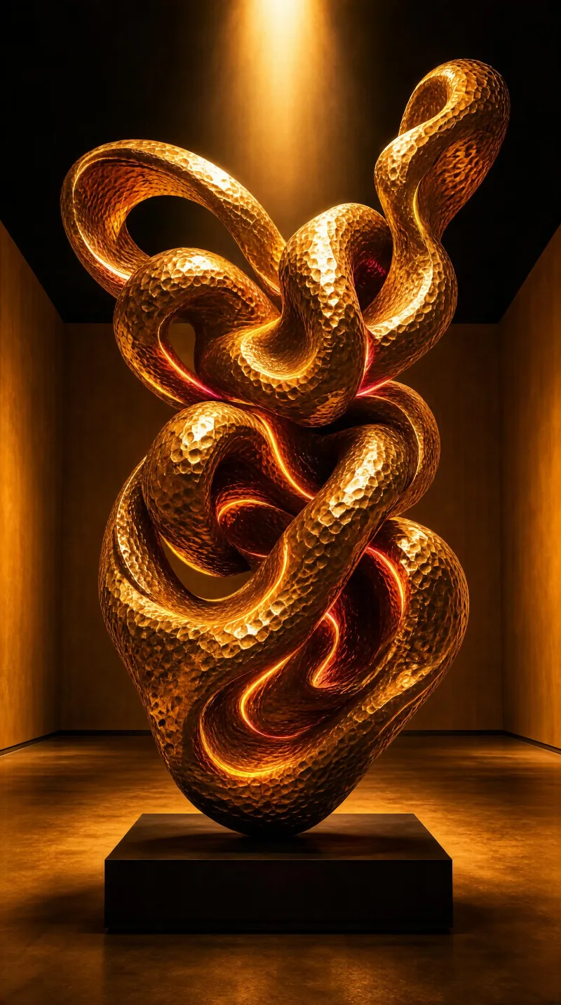 A large, tangled metallic sculpture with a textured surface is displayed in a warmly lit gallery, illuminated by a spotlight from above, showcasing its intricate, glowing loops.