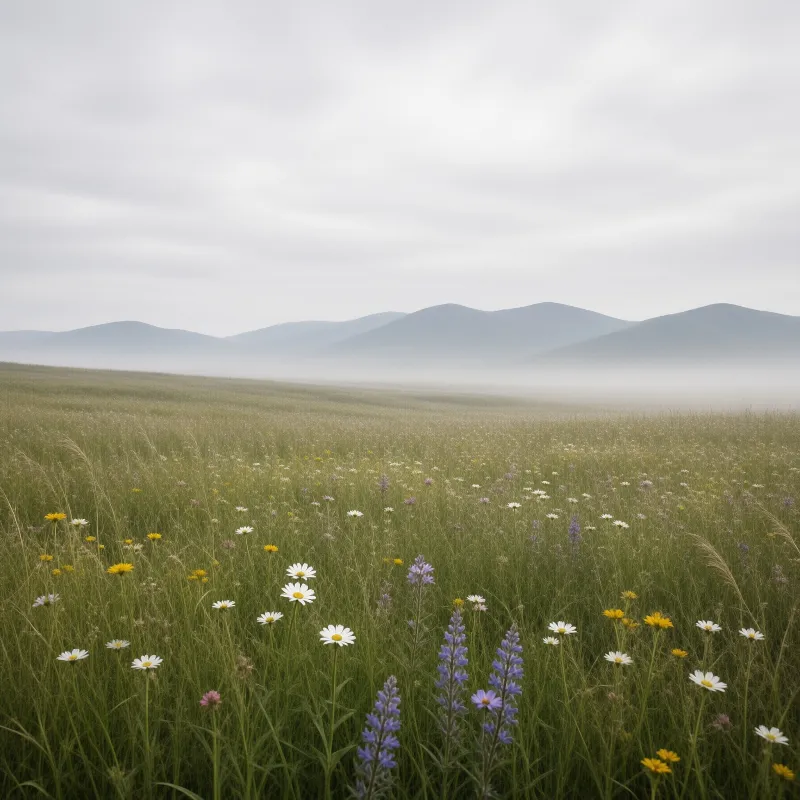 A grassy field filled with white and yellow flowers stretches toward foggy blue mountains under a cloudy sky.